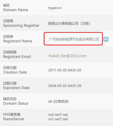 广汽埃安斥资数十万收购Hyper.cn等品牌域名