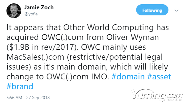 成立30周年的终端又买下品牌owc.com域名