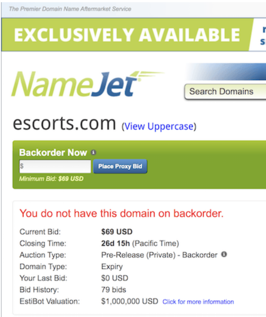  被美国FBI没收的域名拍卖：escorts.com估值100万美元！