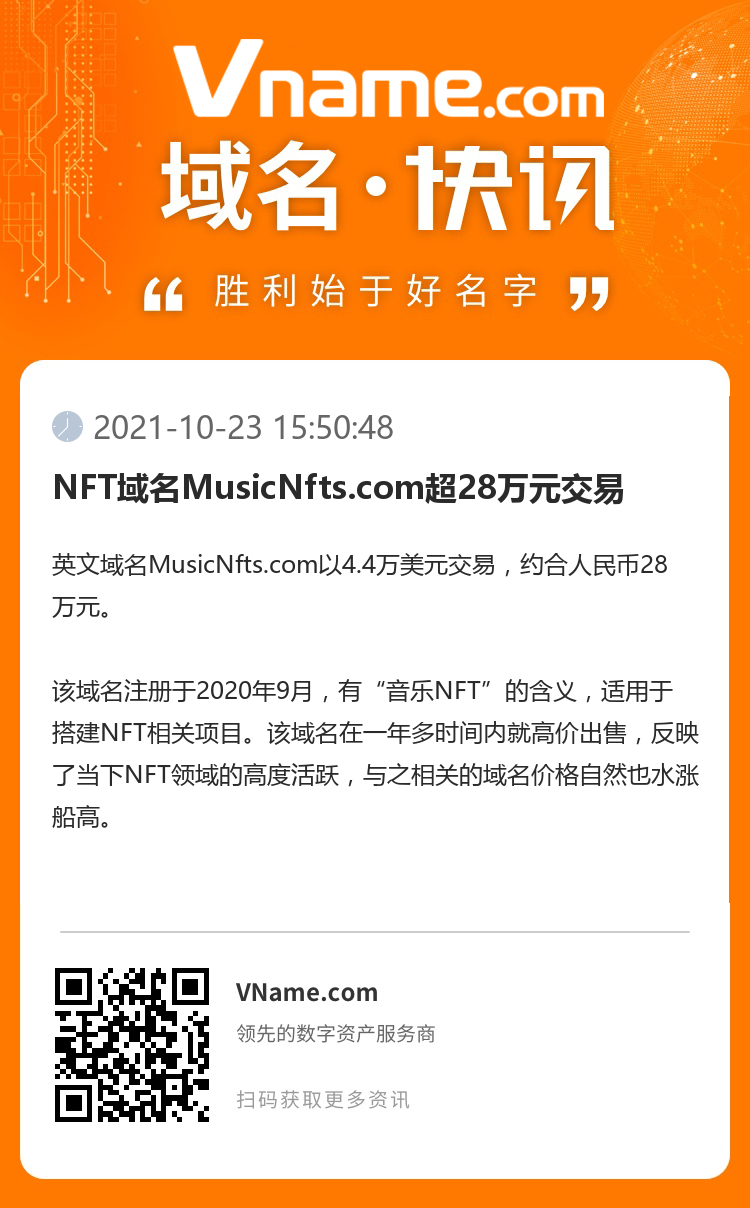 NFT域名MusicNfts.com超28万元交易