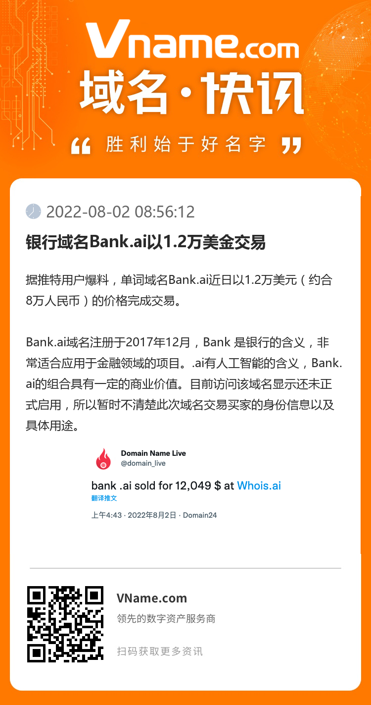 银行域名Bank.ai以1.2万美金交易