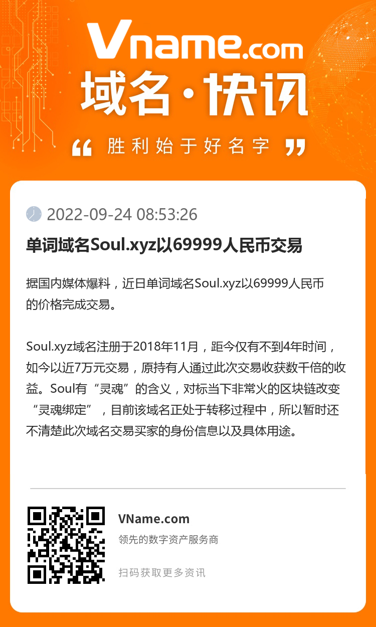 单词域名Soul.xyz以69999人民币交易
