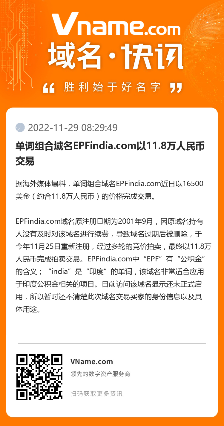 单词组合域名EPFindia.com以11.8万人民币交易