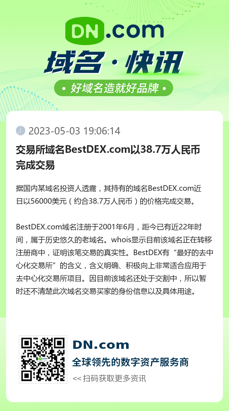 交易所域名BestDEX.com以38.7万人民币完成交易