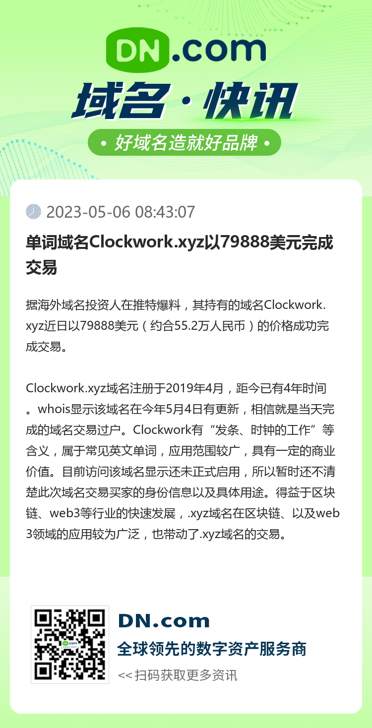 单词域名Clockwork.xyz以79888美元完成交易