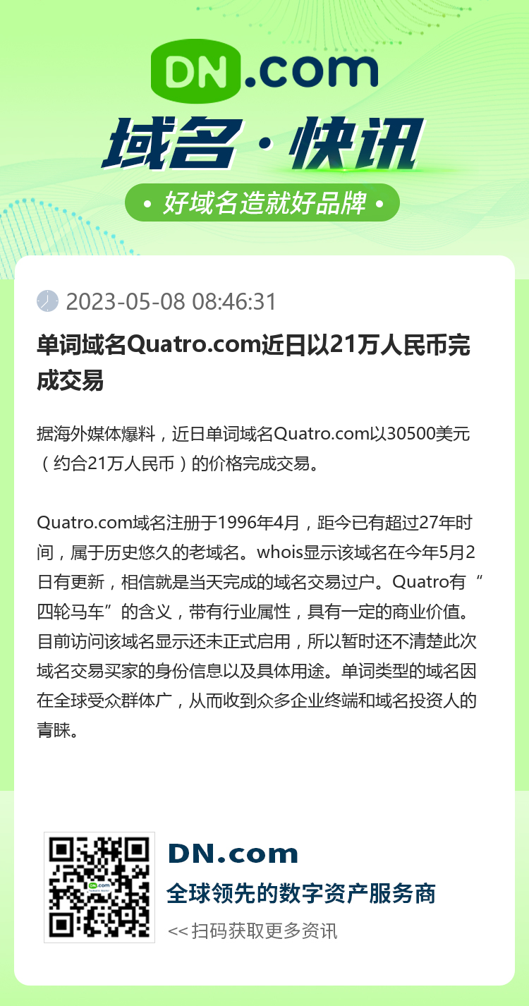 单词域名Quatro.com近日以21万人民币完成交易