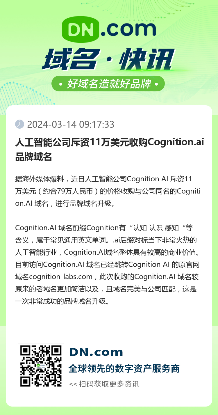人工智能公司斥资11万美元收购Cognition.ai品牌域名