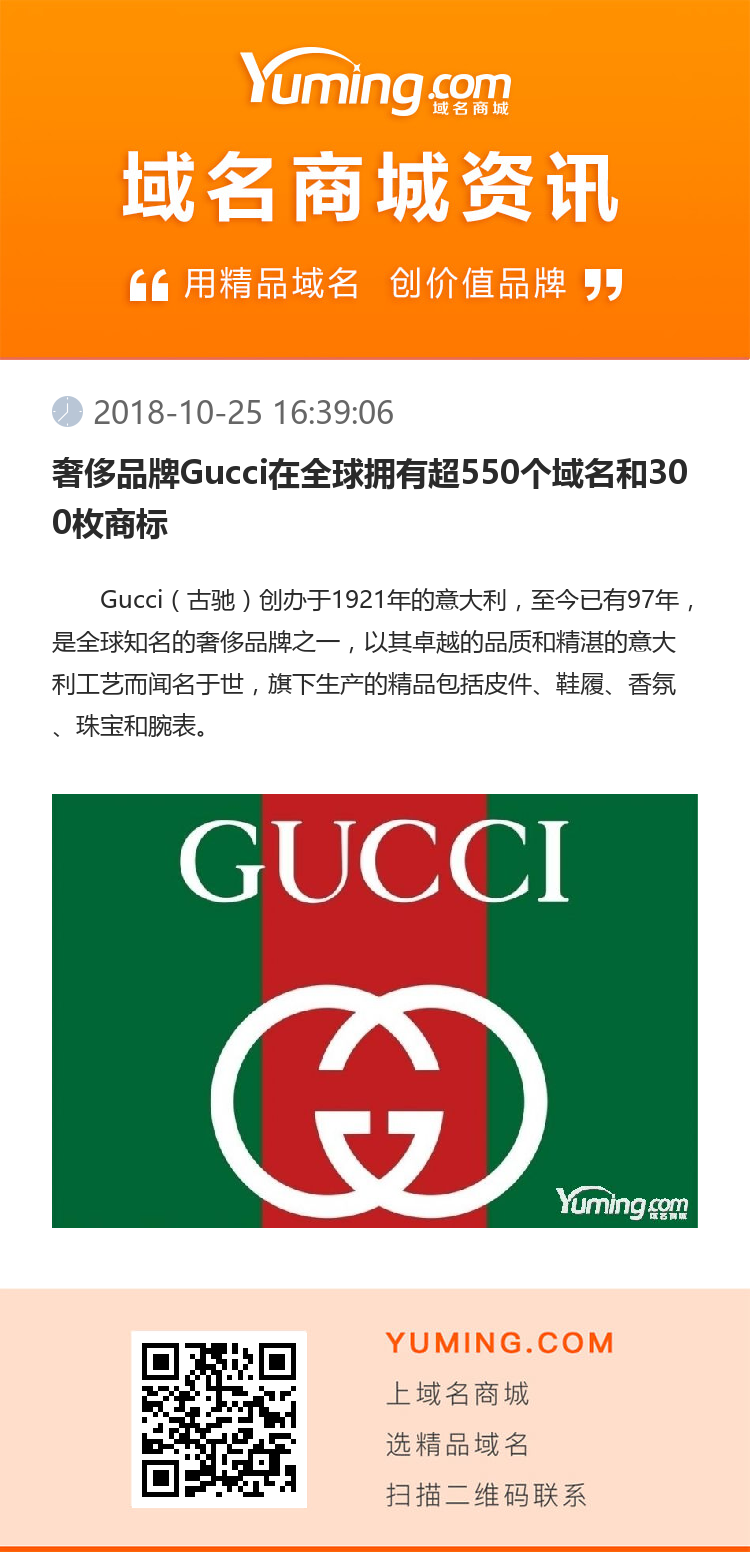 奢侈品牌Gucci在全球拥有超550个域名和300枚商标