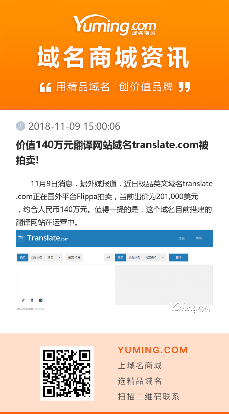 价值140万元翻译网站域名translate.com被拍卖!