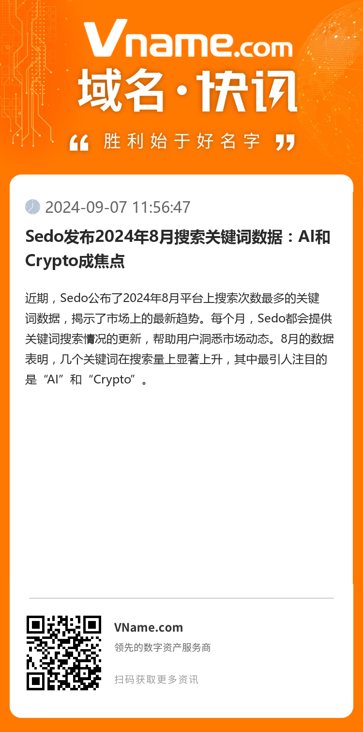 Sedo发布2024年8月搜索关键词数据：AI和Crypto成焦点