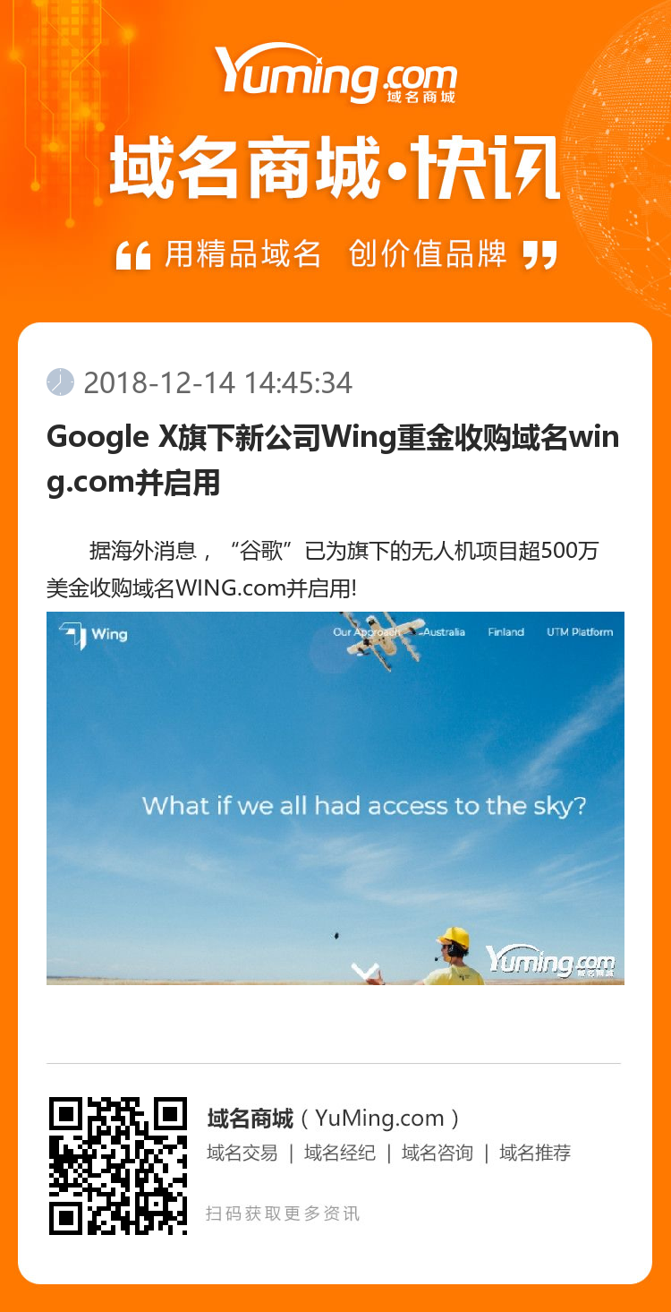 Google X旗下新公司Wing重金收购域名wing.com并启用
