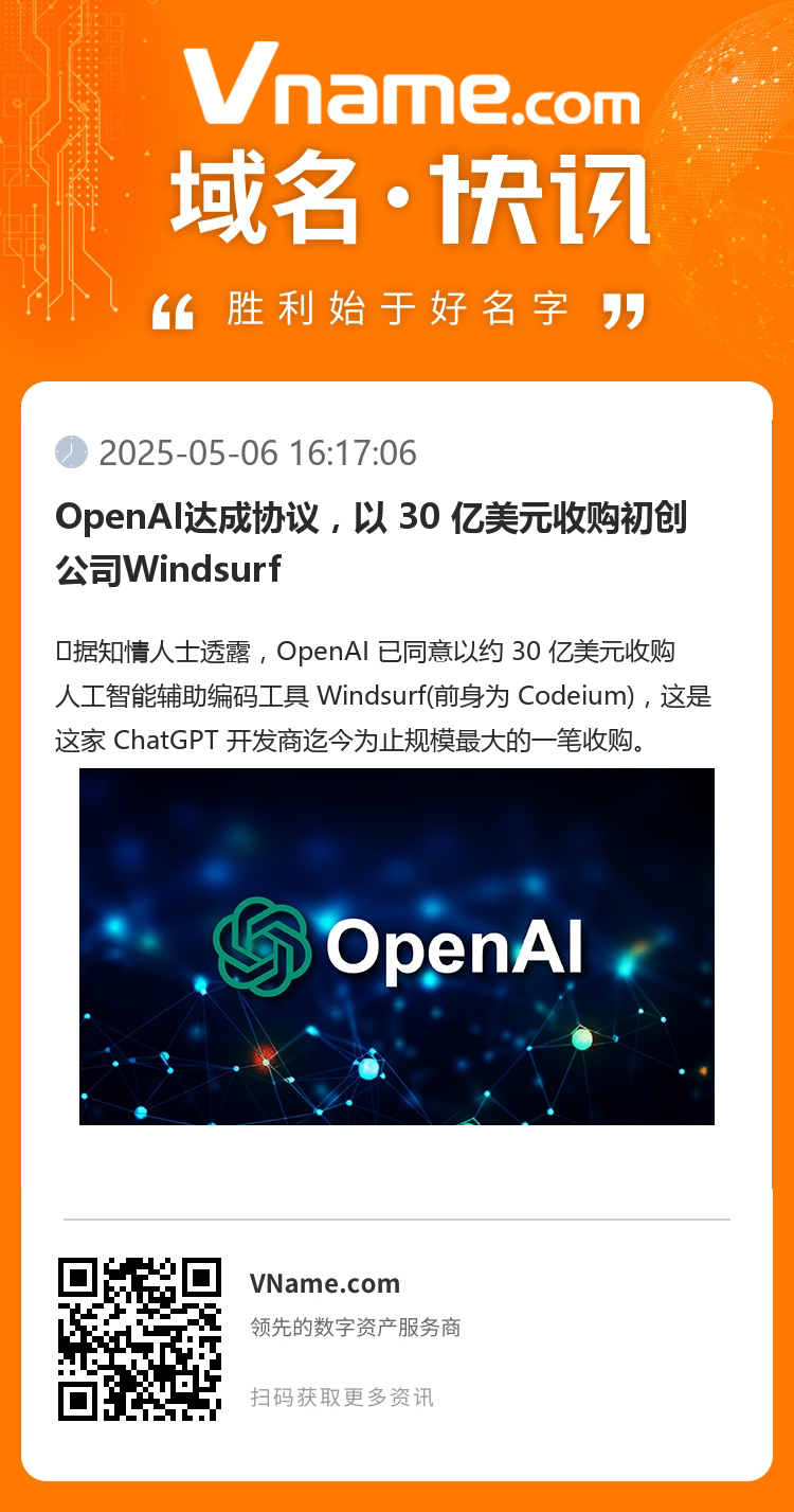 OpenAI达成协议，以 30 亿美元收购初创公司Windsurf