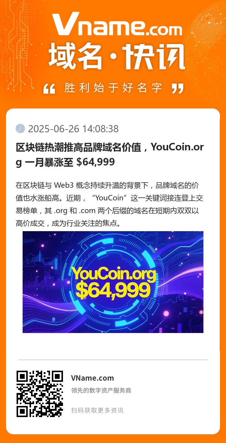 区块链热潮推高品牌域名价值，YouCoin.org 一月暴涨至 $64,999