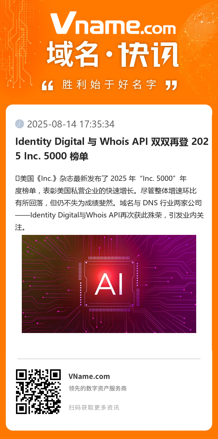 Identity Digital 与 Whois API 双双再登 2025 Inc. 5000 榜单