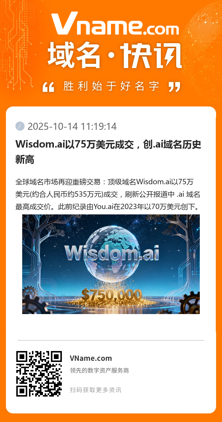 Wisdom.ai以75万美元成交，创.ai域名历史新高