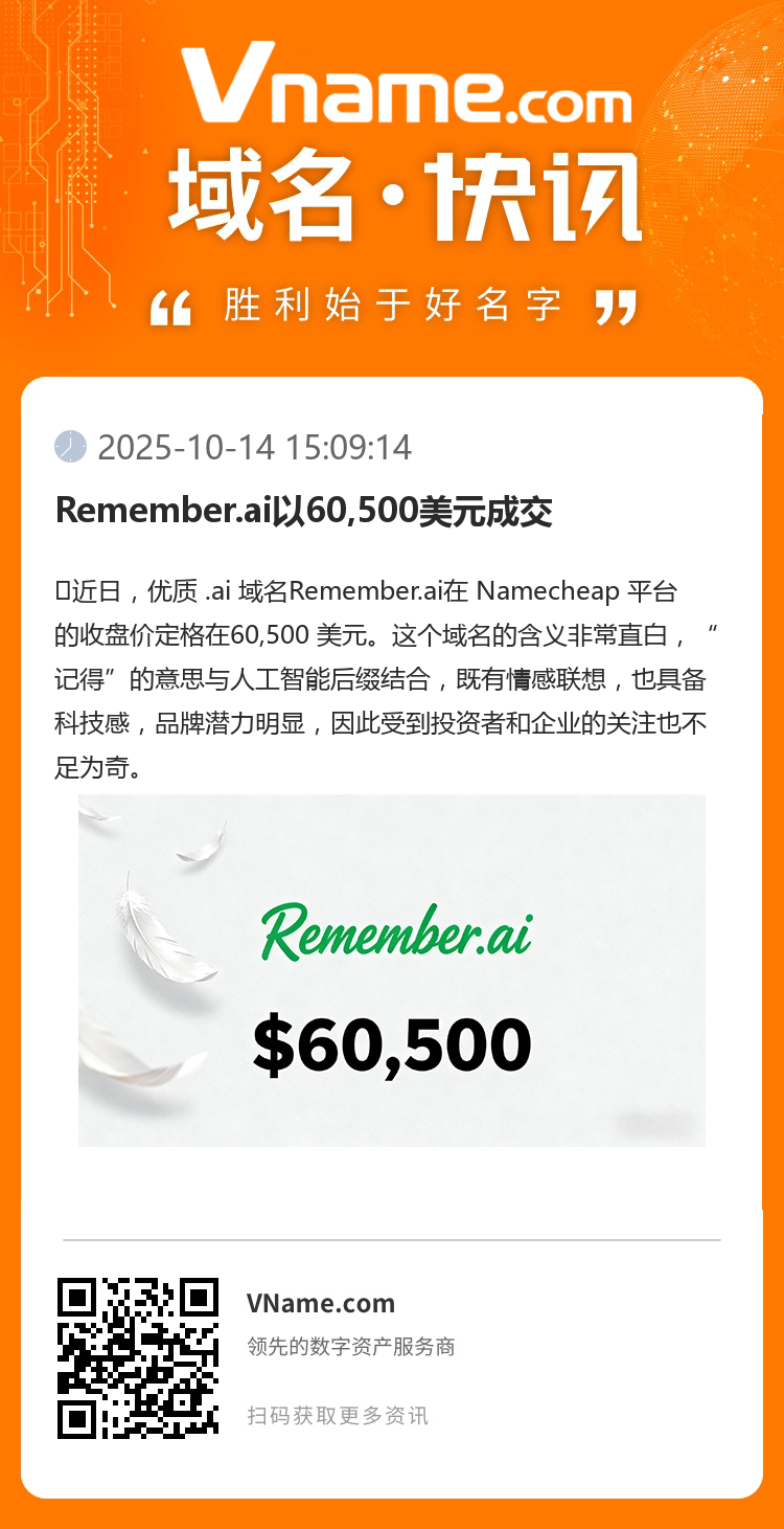 Remember.ai以60,500美元成交