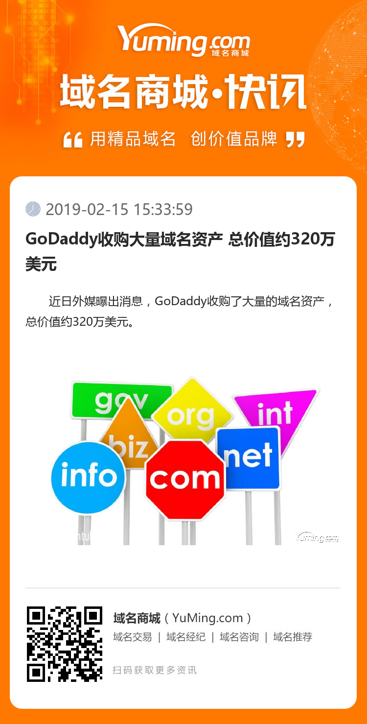 GoDaddy收购大量域名资产 总价值约320万美元