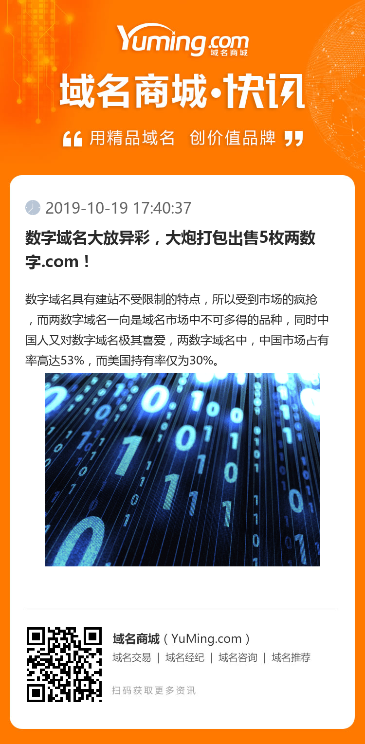 数字域名大放异彩,大炮打包出售5枚两数字.com!