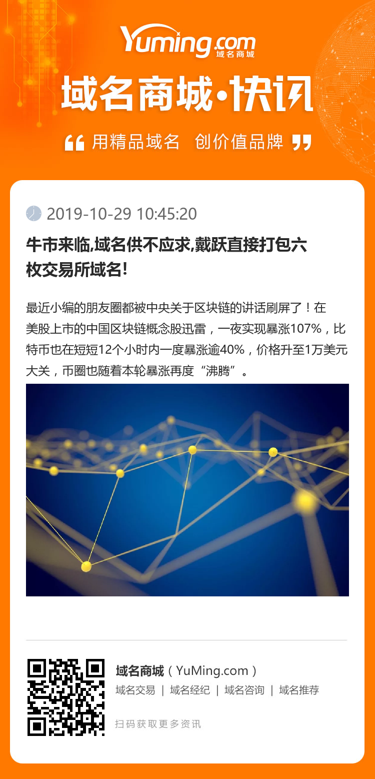 牛市来临,域名供不应求,戴跃直接打包六枚交易所域名!
